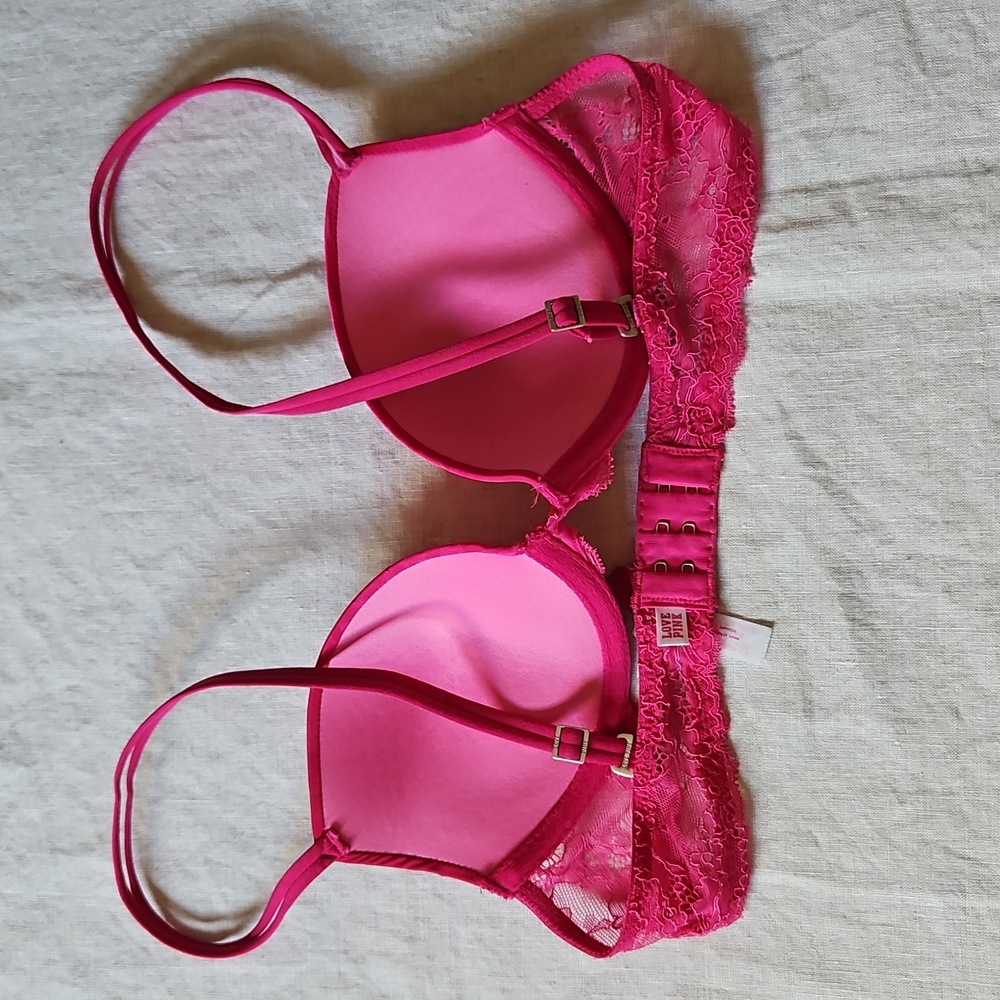 Pink Victoria's Secret Pink Lace Women's Bra 34A Push Up Plunge - Picture 2 of 14